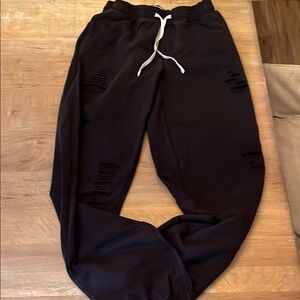 Black Distressed Joggers with White Drawstring